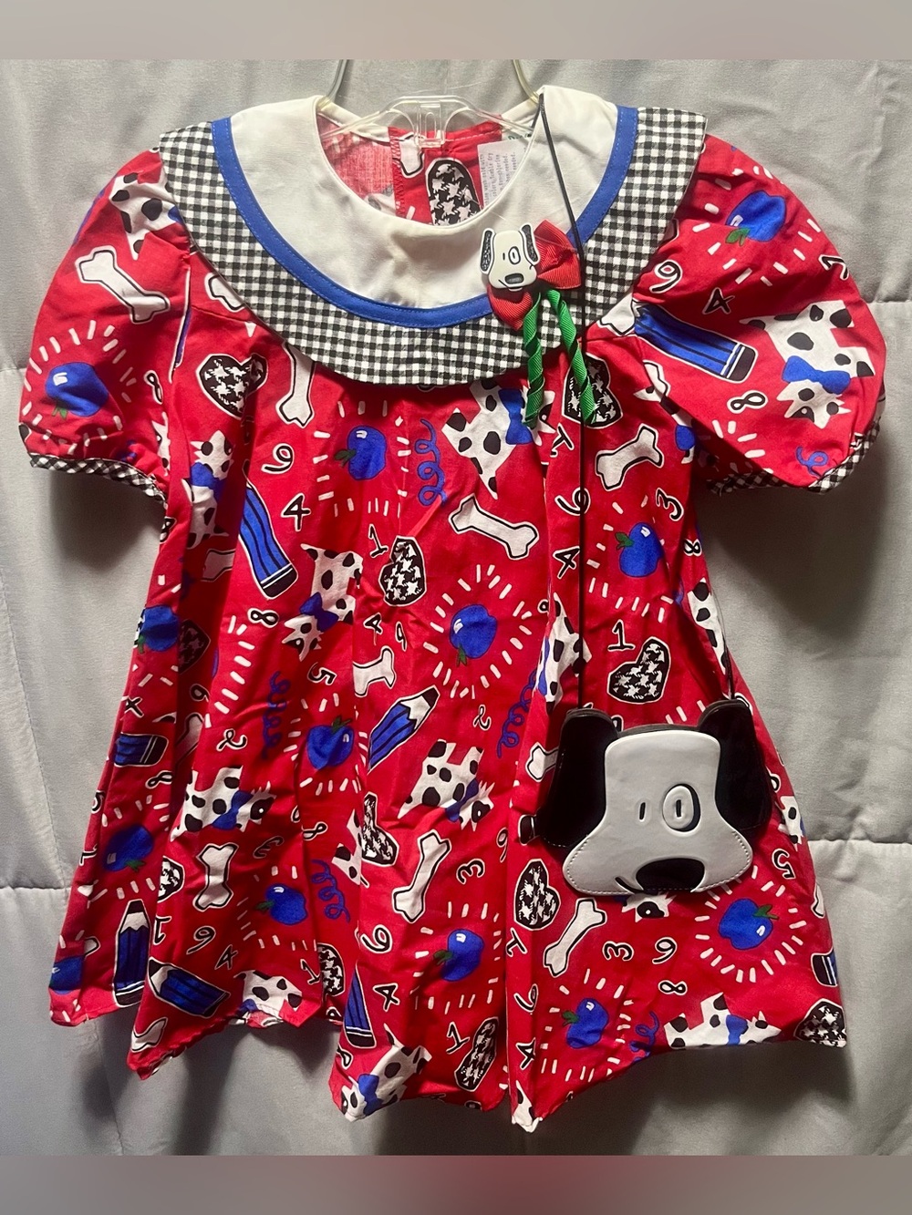 Vintage 1997 Peaches ’n Cream Puppy School Dress Matching Faux Purse Size 5 USA